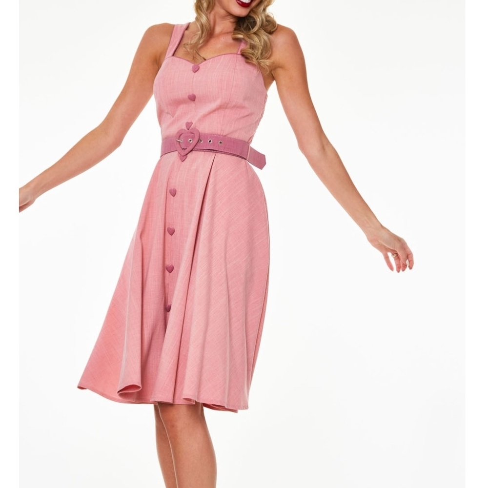 Voodoo Vixen Pink Midi Dress with Heart Buttons